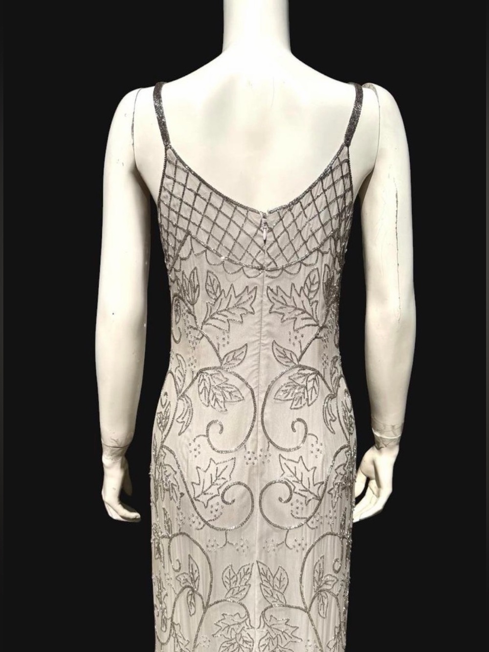 Vintage CACHE BEADED DRESS 100% Silk Gray Metallic Silver Beading Beads LARGE L - Picture 5 of 17